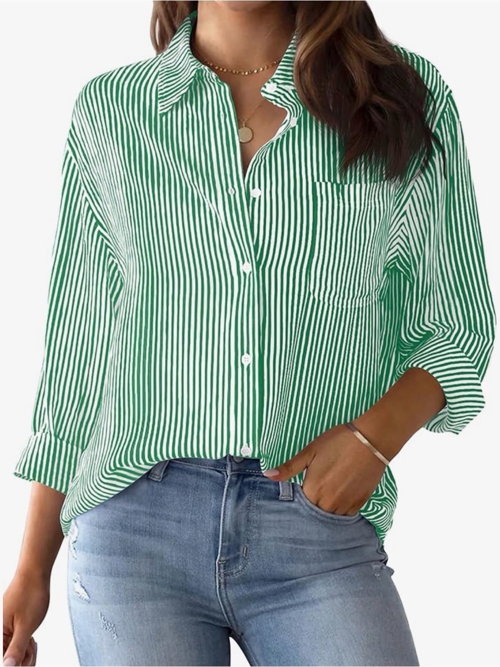 Aiskew Green White Striped Button Up Shirt Long Sleeve Relaxed Fit Size S